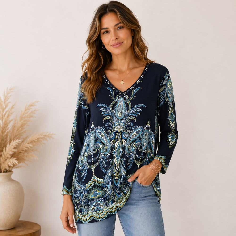 Susan Graver Liquid Knit Blouse Women's Size XL Black Blue Paisley Boho *Flaw